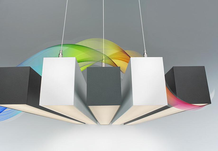 black and white hanging light fixture graphic with rainbow design